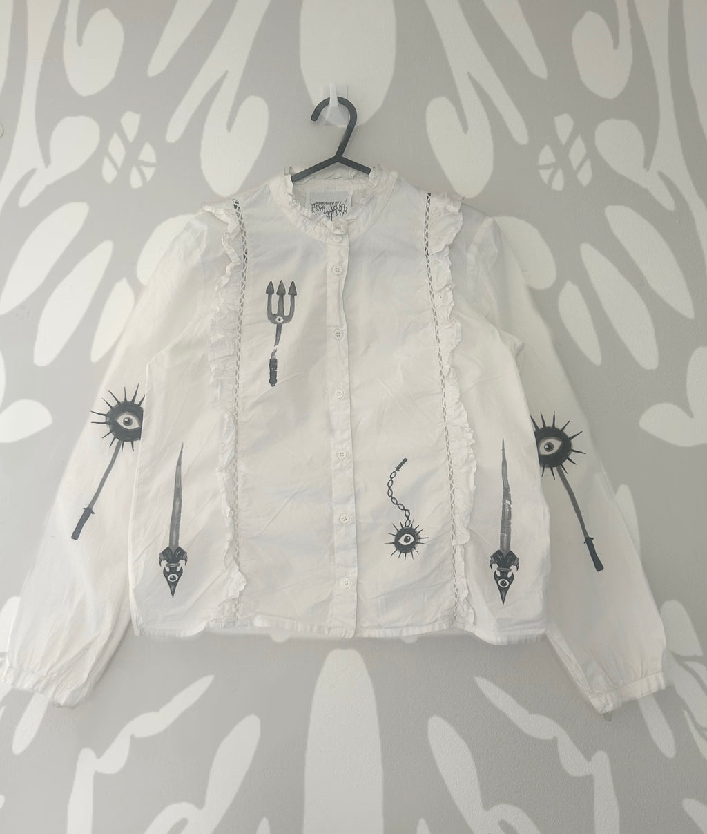 Upcycled white button up blouse size XS