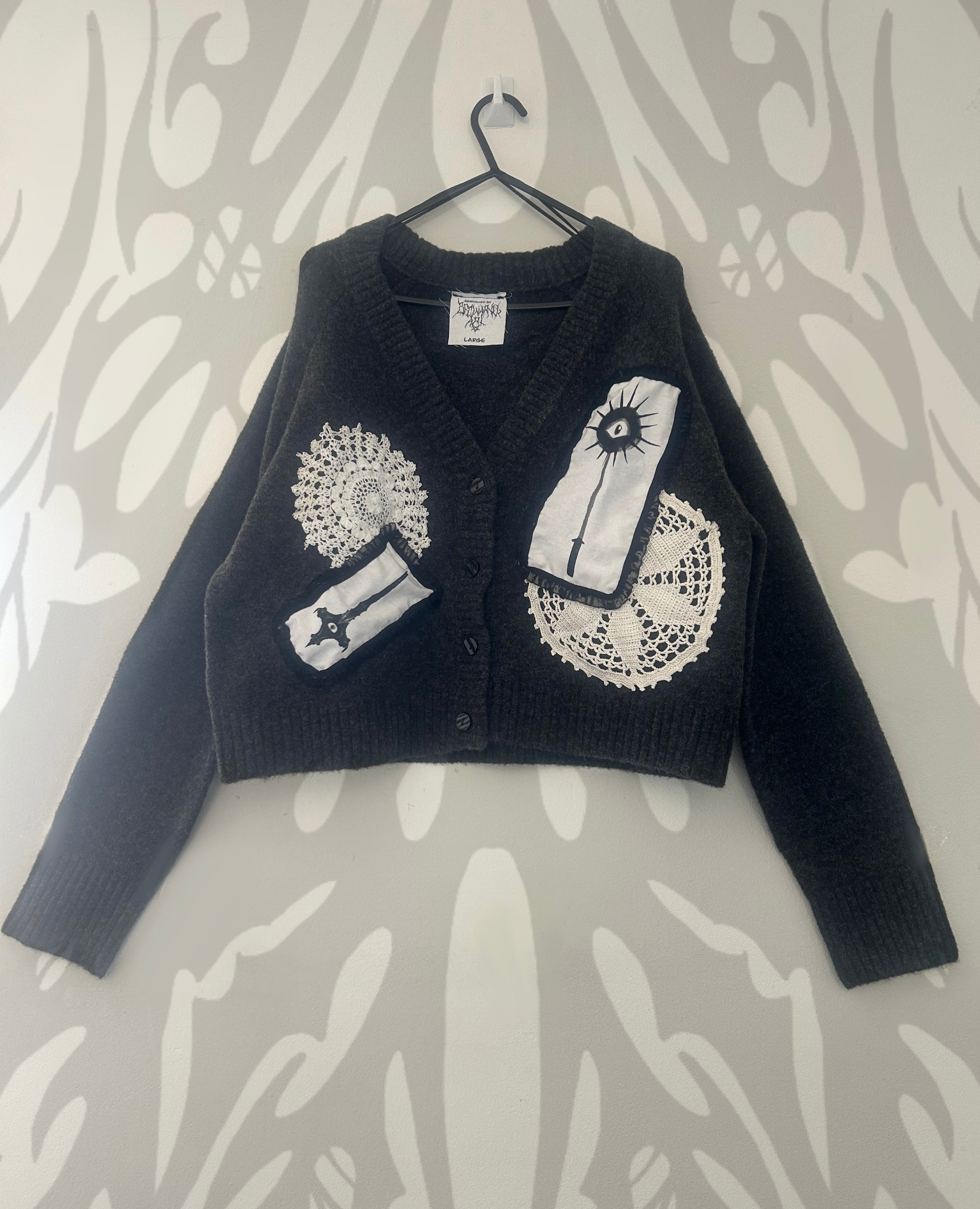 reworked / upcycled grey knitted patchwork cardigan