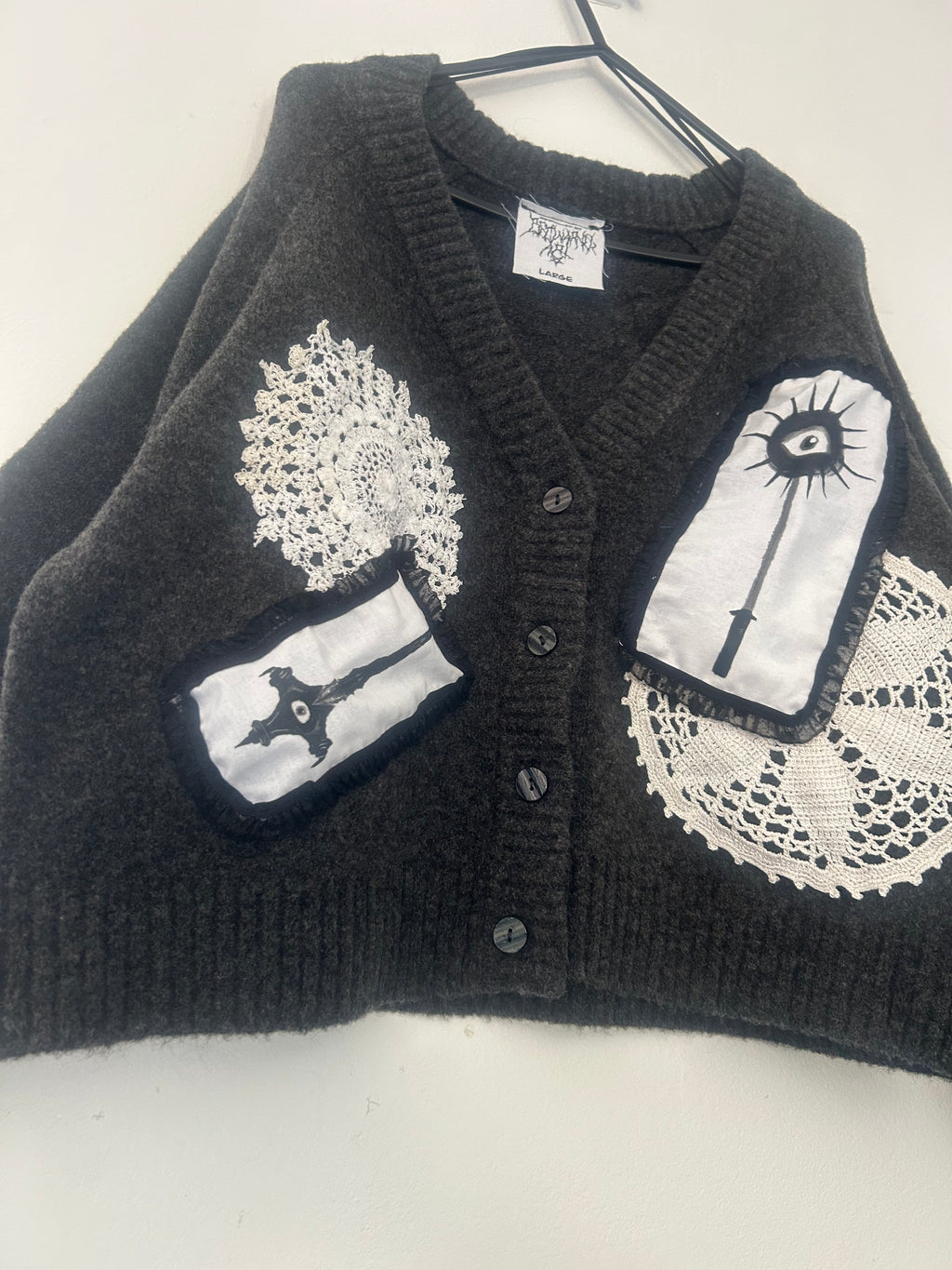 reworked / upcycled grey knitted patchwork cardigan
