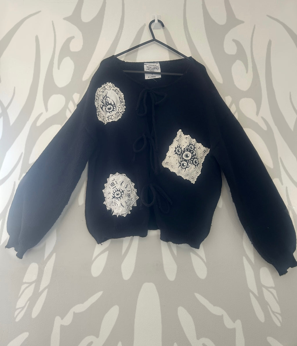 reworked / upcycled black bow tie knitted cardigan size XL