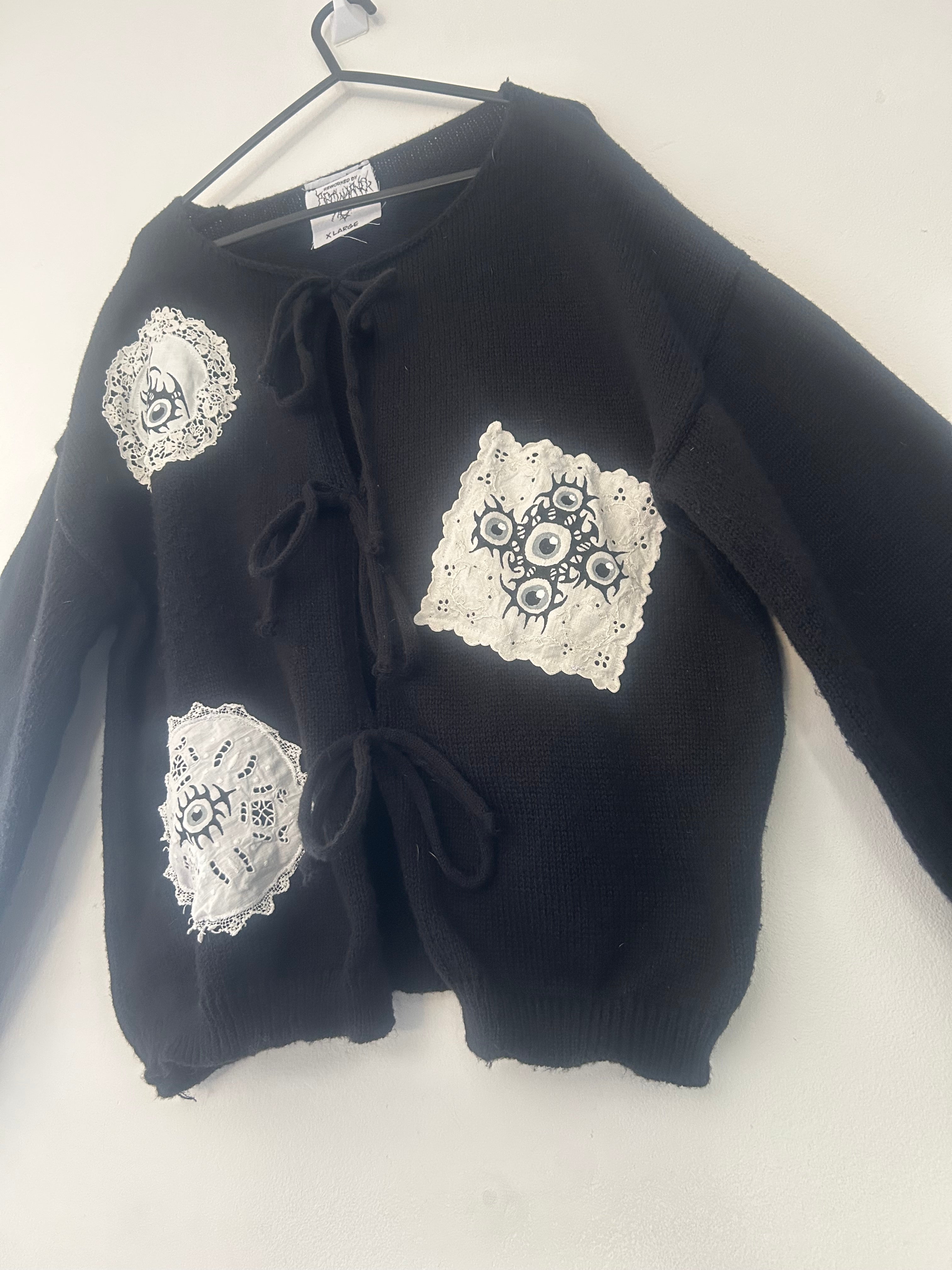 reworked / upcycled black bow tie knitted cardigan size XL