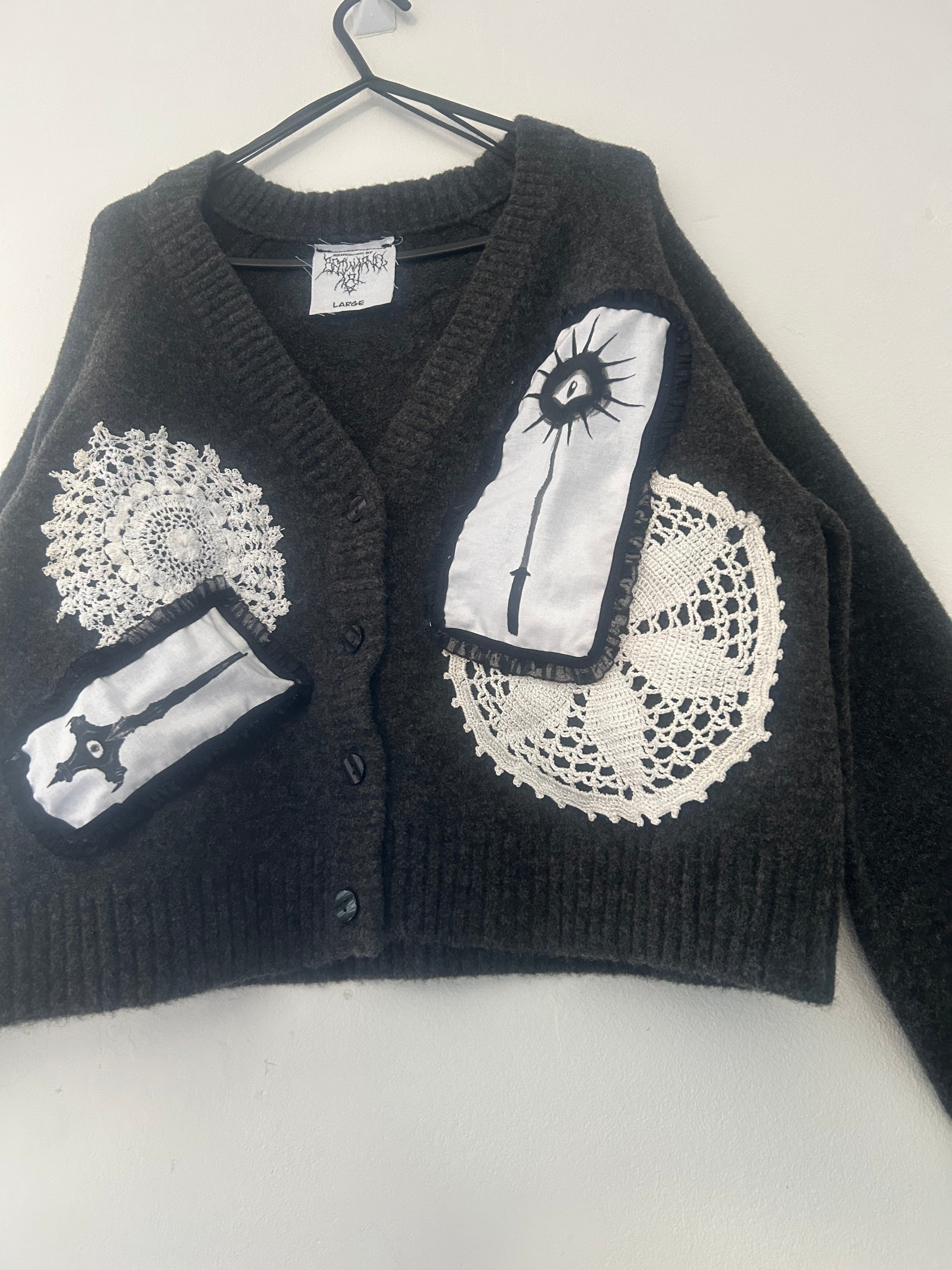 reworked / upcycled grey knitted patchwork cardigan