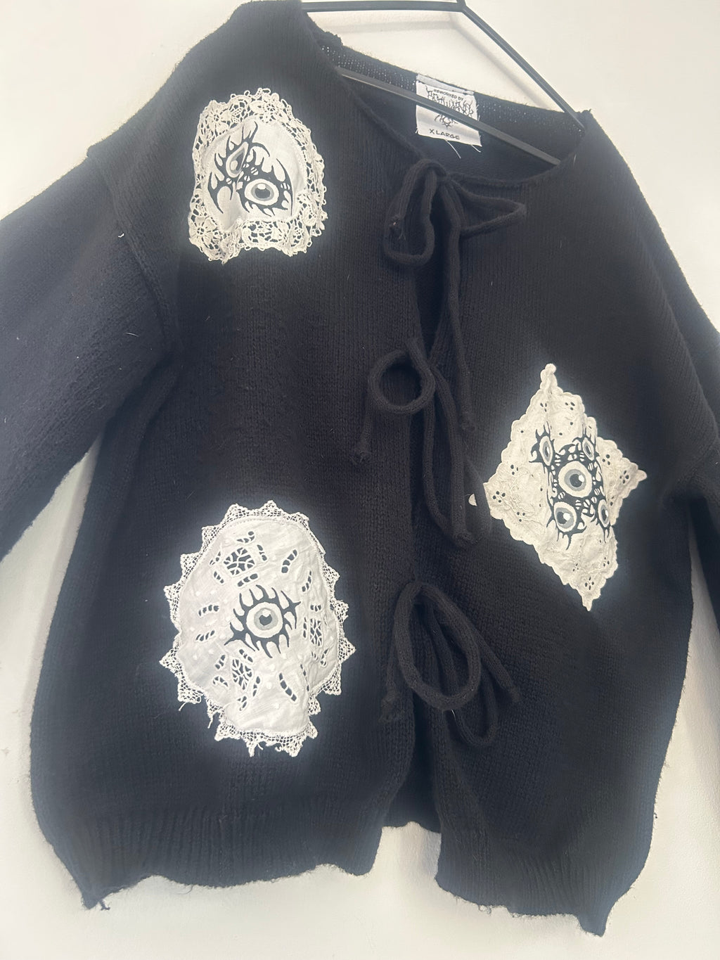 reworked / upcycled black bow tie knitted cardigan size XL