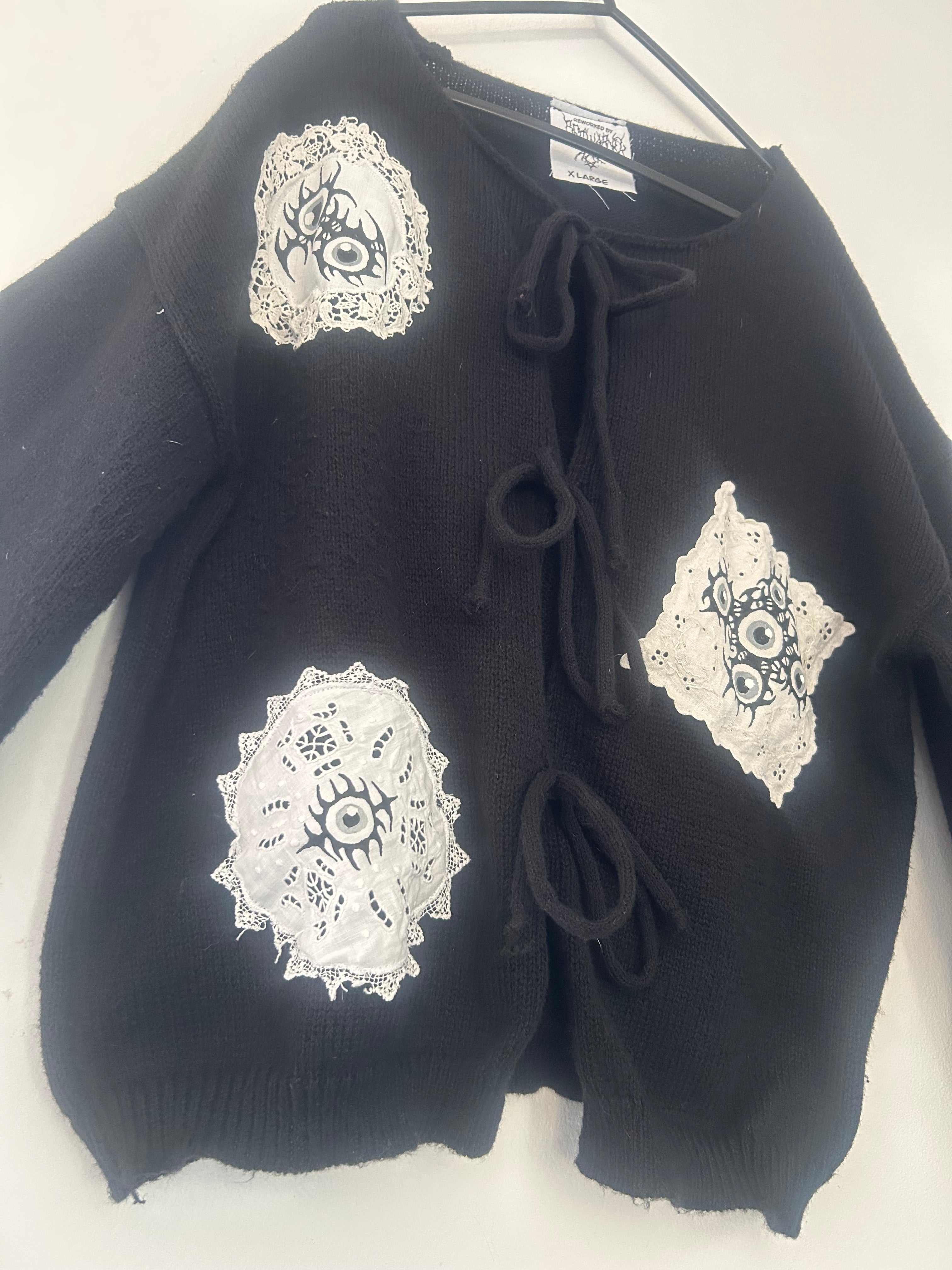 reworked / upcycled black bow tie knitted cardigan size XL