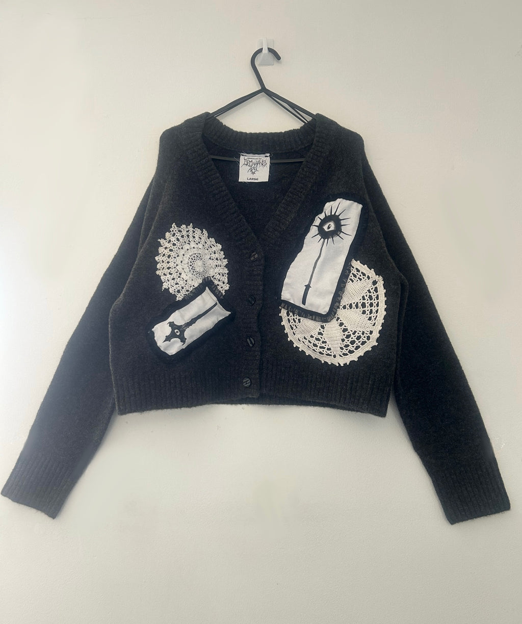 reworked / upcycled grey knitted patchwork cardigan