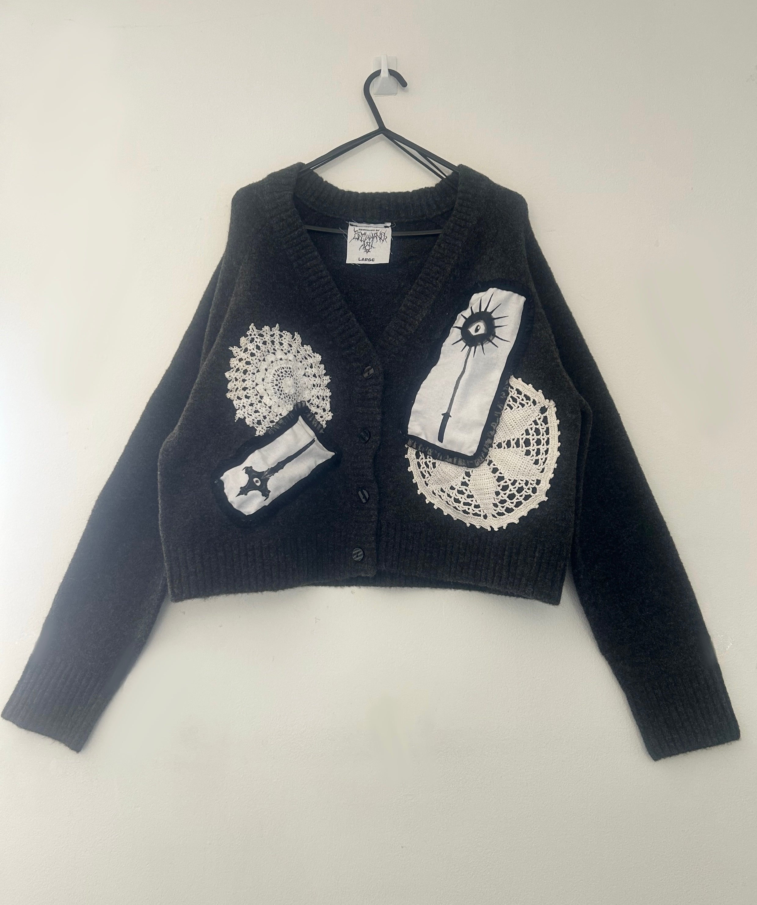 reworked / upcycled grey knitted patchwork cardigan