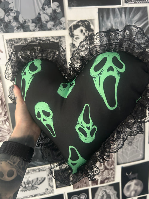 Green ghostface lace heart cushion