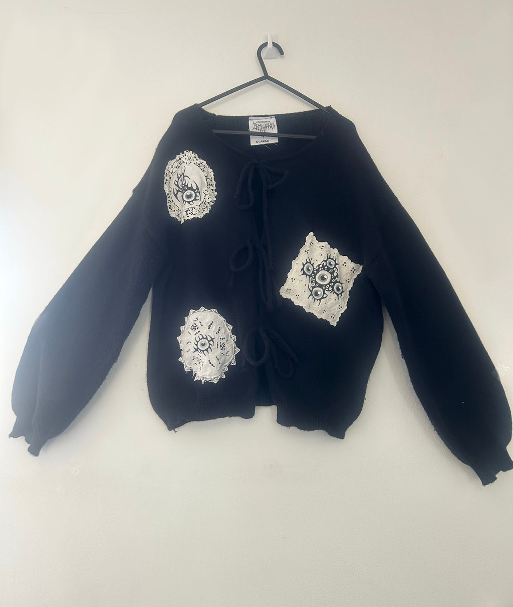 reworked / upcycled black bow tie knitted cardigan size XL